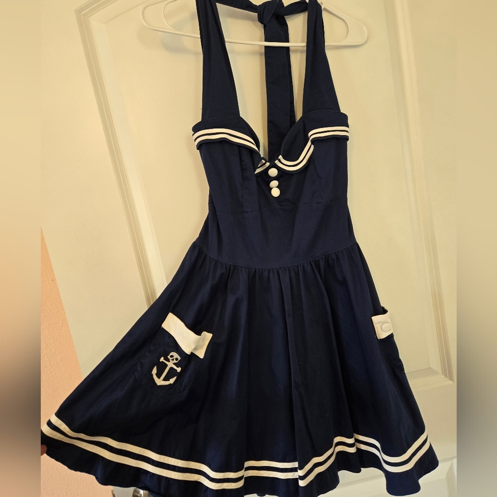 Hell Bunny Vixen Sailor Dress. Blue & White Size L. GUC!